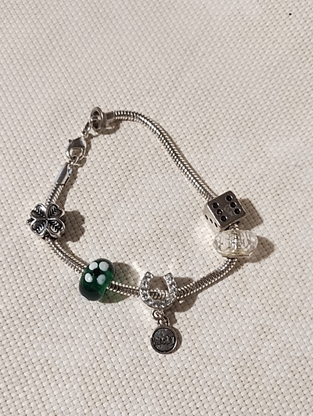 Lucky Brand Silver Charm Bracelet with Green and Clear Beads. VGC.